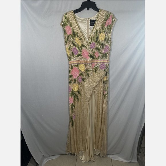NWT‎ Mac Duggal [ 14 ] Floral Plunging Floral Beaded V-neck Gown in Yellow - Picture 8 of 15